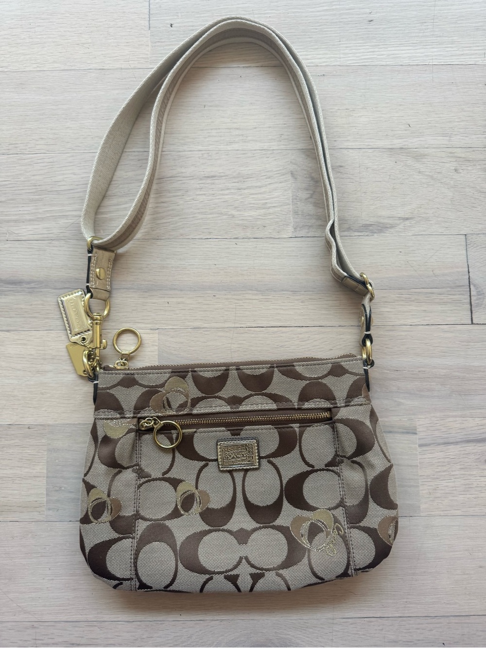 Coach Brown Tan Signature Canvas Crossbody Bag with Gold Hardware